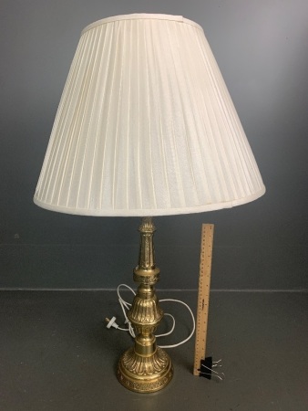 Large Heavy Polished Brass Table Lamp with Pleated Silk Shade