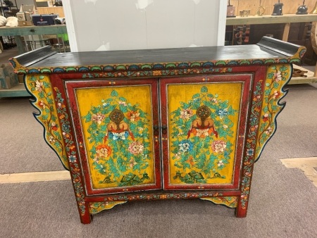 Vintage Hand Painted Chinese/Mongolian 2 Door Temple Cupboard with Later Fitted Bottle Rack