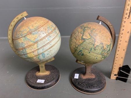 2 x Small Vintage Tin Desktop Globes of the World