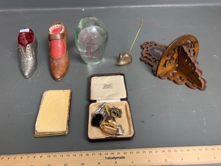 Asstd Lot of Vintage Objects inc. 2 Sewing Needle Shoes, Paperweight, Bakelite Box of Bits etc