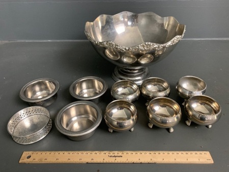 Vintage Silver Plated Punchbowl, Coasters and Bowl