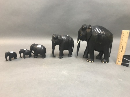 Lot of 5 Vintage Ebony Elephants