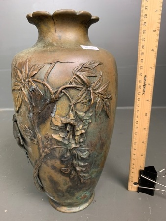 Japanese Meji Period Bronze Vase with Applied Bird and Flower Decoration - As Is