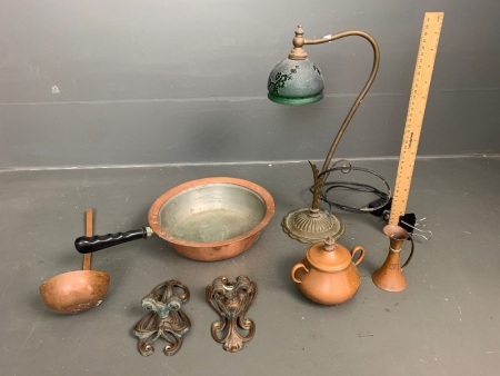 Asstd Lot of Vintage Brass and Copper inc. Lamp, Pan and Ladle etc