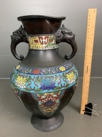 Large Meji Period Japanese Bronze Part Enamelled Vase with 2 Mythical Creature Handles - 3