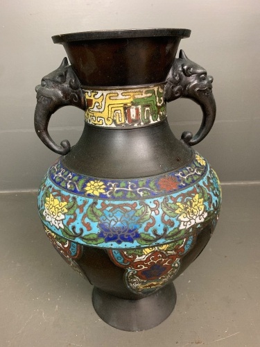 Large Meji Period Japanese Bronze Part Enamelled Vase with 2 Mythical Creature Handles