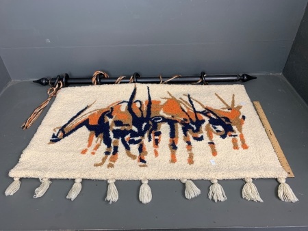 Vintage Hand Knotted Wool Wall Hanging of Herd of Oryx with Timber Pole