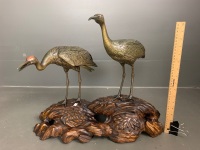 Antique Japanese Meji Period Figural Bronze of Two Red Capped Cranes on Large Carved Wooden Plinth