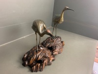 Antique Japanese Meji Period Figural Bronze of Two Red Capped Cranes on Large Carved Wooden Plinth - 2