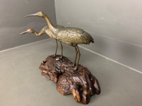 Antique Japanese Meji Period Figural Bronze of Two Red Capped Cranes on Large Carved Wooden Plinth - 3