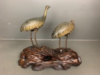 Antique Japanese Meji Period Figural Bronze of Two Red Capped Cranes on Large Carved Wooden Plinth - 4