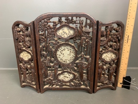 Vintage Asian Intricately Carved Rosewood Table Top Screen with Carved Shell Inserts