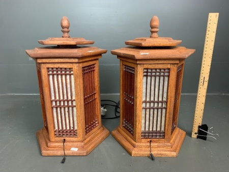 Pair of Asian Style Timber Hexagonal Lantern Lamps