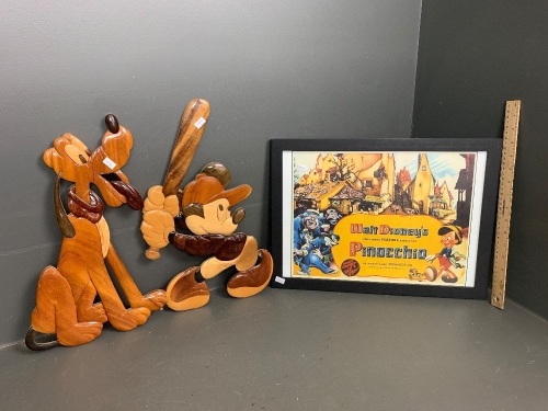 Framed Wlat Disney Pinocchio Poster + Polished Timber Mickey Mouse and Pluto Cut Outs