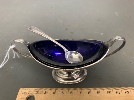 Antique Sterling Silver Salt Boat with Original Bristol Blue Glass Liner and Matching Sterling Silver Spoon - Hallmarked London 1883