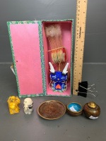 Boxed Paper Chinese Dragon Kite + 2 Small Carved Buddhas + 3 Small Cloisonne Pieces