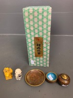 Boxed Paper Chinese Dragon Kite + 2 Small Carved Buddhas + 3 Small Cloisonne Pieces - 4