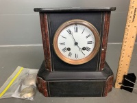 An Antique French Slate and Red Marble 8 Day Chiming Mantel Clock with Bevelled Glass and Enamelled Dial