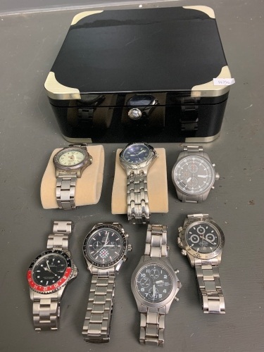 Ebonised Timber Watch Box + 7 Asstd Mens Watches