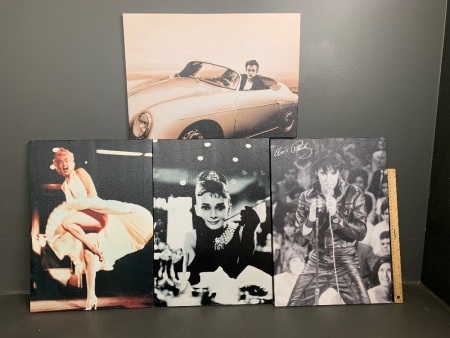 4 x Pop Art Stretch Photo Canvases - James Dean, Elvis, Marilyn Monroe, Audrey Hepburn