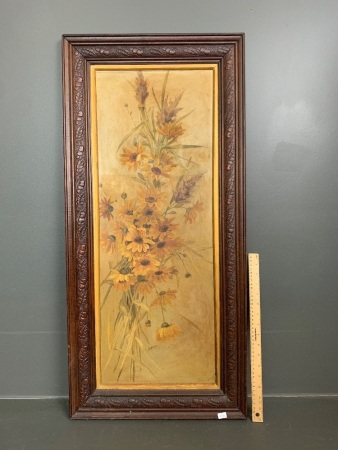 Antique Original Signed Oil on Board Floral Painting in Pressed Timber Frame