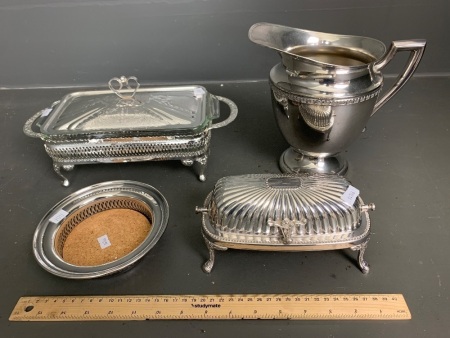 Collection of Silver Plate inc. Large Jug, Champagne Coaster, Butter Dish and Serving Tray