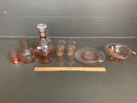 Collection of Vintage American Pink Glass inc. Decanter, Water Carafe, Rose Bowl etc