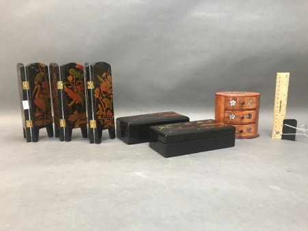 3 Pieces of Vietnamese Laquerware & 3 Drawer Trinket Box