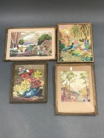 4 Hand Embroidered Pictures c1940's