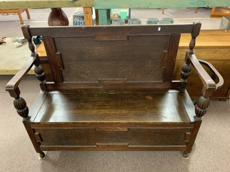 Antique Carved Oak Settle/Hall Seat - Stick Stand One End - Lift Lid Storage