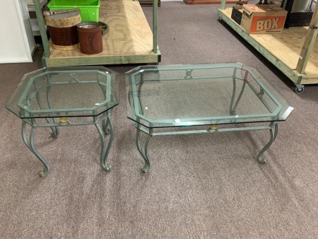 2 x Heavy Scrolled Verdigris Iron Occassional Tables with Bevelled Glass Tops