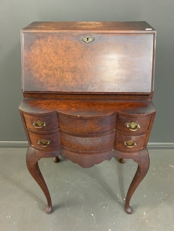 Petite Antique Ladies Writing Bureau with Burr Walnut and Mahogany Veneers with 2 Scalloped Front Drawers