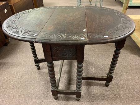 Victorian Welsh Oak Drop Leaf Gate Leg Table with Bobbin Turned Legs and Carved Flowers to Top