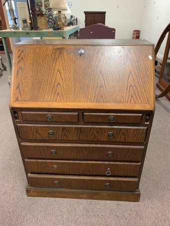 Solid Oak Writing Desk Bureau - 6 Drawers - Support Slides - Fitted Interior and Key