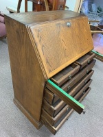 Solid Oak Writing Desk Bureau - 6 Drawers - Support Slides - Fitted Interior and Key - 3