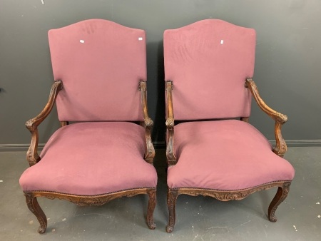 Pair of Large Vintage Upholstered Empire Style Chairs - Carved Framed - Brass Studs