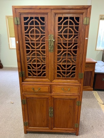 Contemporary Chinese Cupboard with 2 Drawers, 4 Doors - Top Section Open Fretwork with Brass Mounts