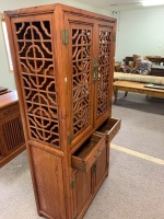 Contemporary Chinese Cupboard with 2 Drawers, 4 Doors - Top Section Open Fretwork with Brass Mounts - 3