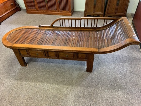 Chinese Hardwood Timber and Bamboo Chaise with 2 Drawers Under