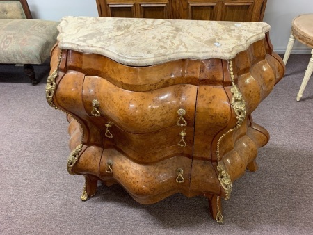 French Louis XVI Style Ormolu Mounted, Burr Walnut Veneer, Marble Topped, Bombe Chest of 3 Drawers