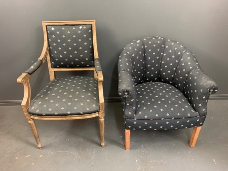 Gilded French Elbow Chair Upholstered with Bee Fabric + Matching Tub Chair