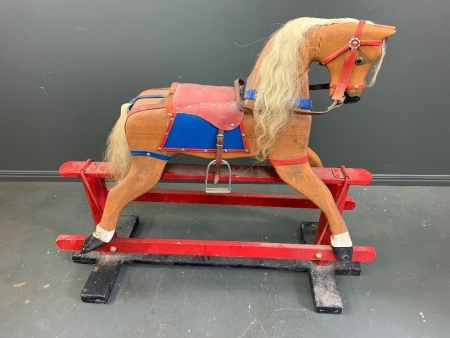 Vintage Carved Timber Rocking Horse on Stand for Restoration