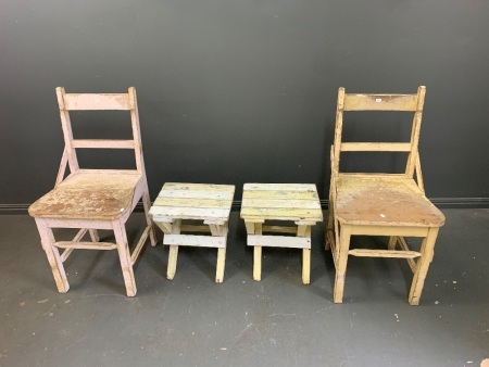 2 x Vintage Farmhouse Timber Chairs + 2 Timber Stools