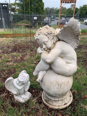 Large Fibrecrete Cupid on Ball + Small Terracotta Cupid