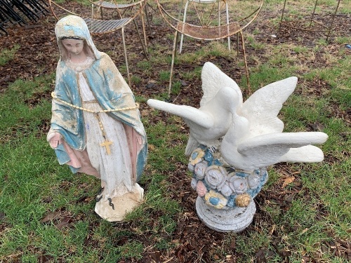 Painted Garden Statue of Mary + Pair of Peace Doves