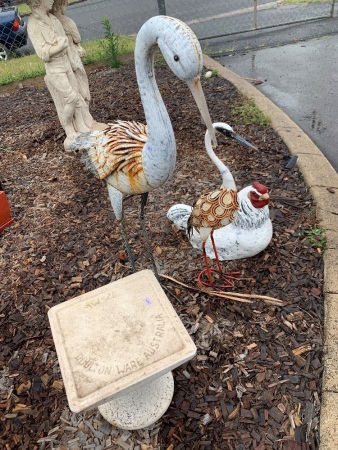 2 x Painted Metal Cranes, Chook, Doulton Ceramic Pedestal