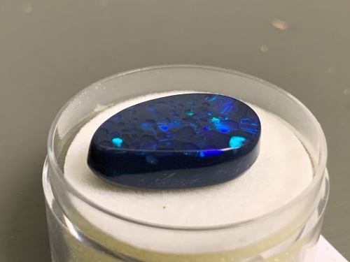 8.7 ct Solid Black Lightning Ridge Opal Freeform Teardrop 18.4 mm x 11 mm. Vivid Electric Blues and Greens