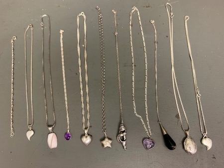 Asstd Lot of App. 11 Sterling Silver Necklaces with Pendants + 1 SS Bracelet