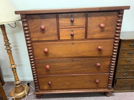 Antique Australian Red Cedar 7 Drawer Tallboy with 2 Hat Drawers and Bobbin Turned Decoration