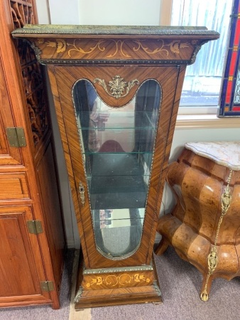 French Louis XVI Style Ormolu Mounted Floral Marquetry and Veneer Inlaid Marble Topped Vitrine Pedestal